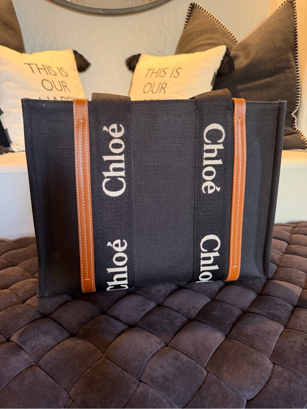 Authentic Cotton Calfskin Medium Woody Ribbon Tote Black